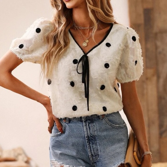 Tops - Boho Cream  Pink Fuzzy Floral Polka Dot Top